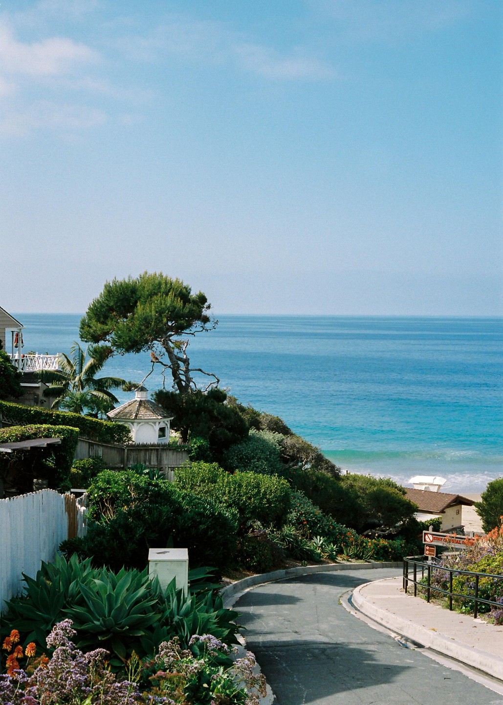 A winding road leads down a lush, green hillside towards a beach and the ocean under a clear blue sky.