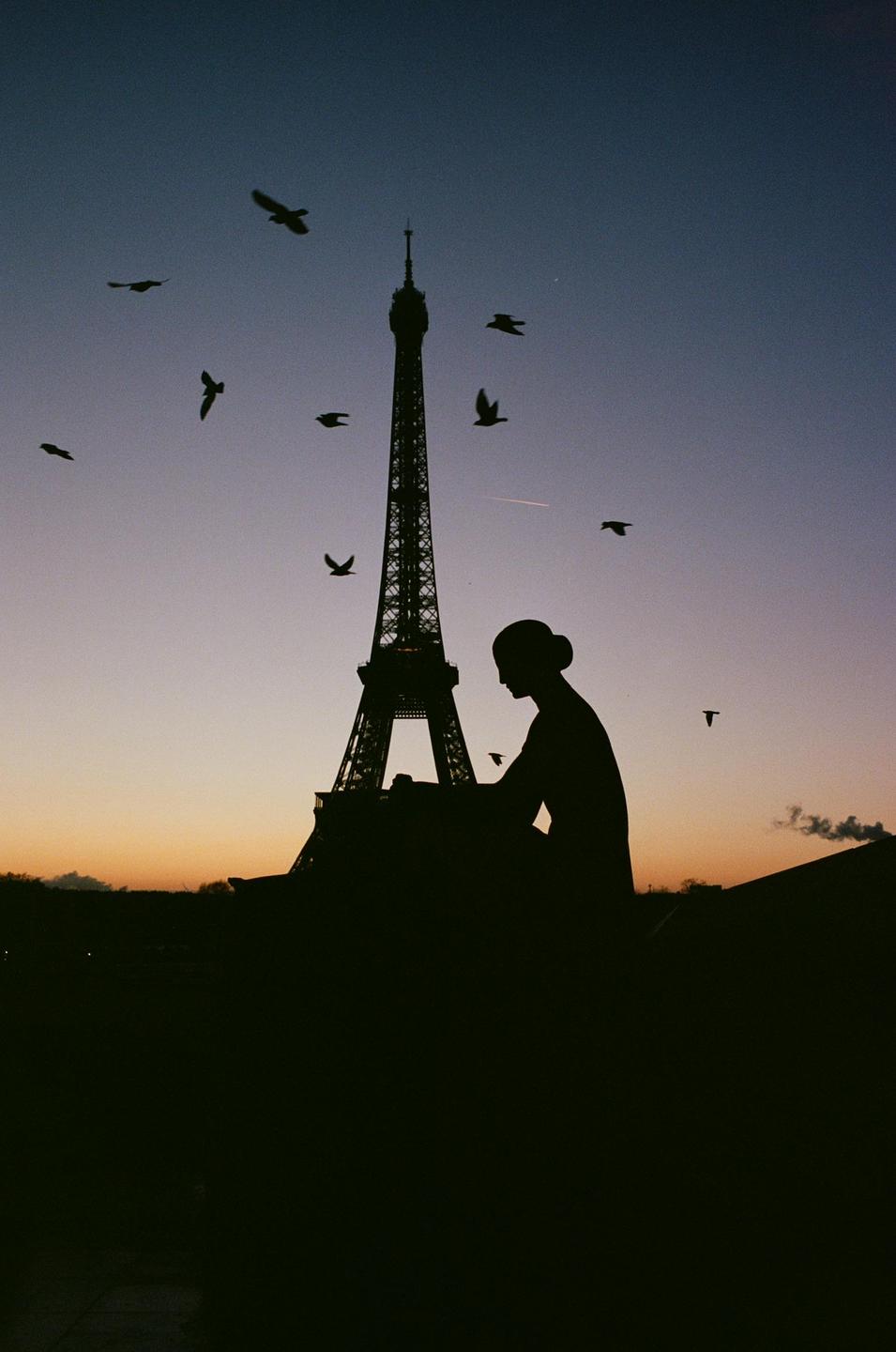 A woman sits silhouetted against the sky with the Eiffel Tower and birds in the background at dusk.