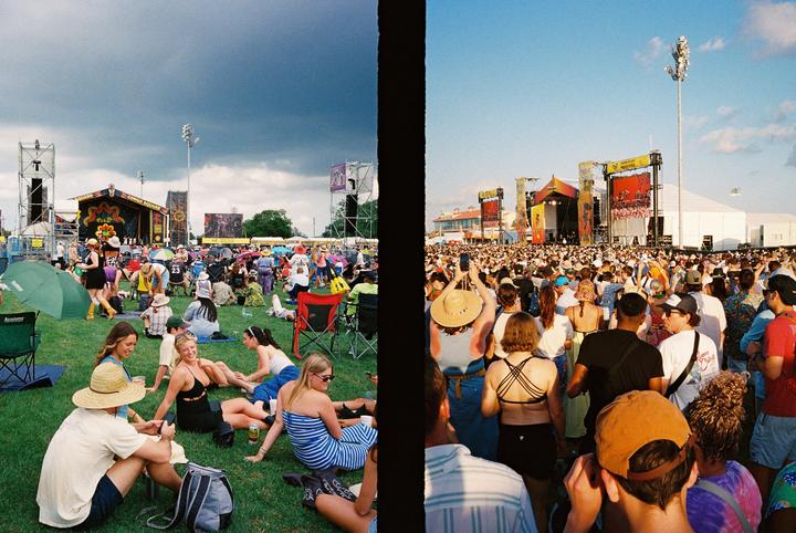 A split image shows a music festival crowd under a dark, cloudy sky on the left and a bright, clear sky on the right.