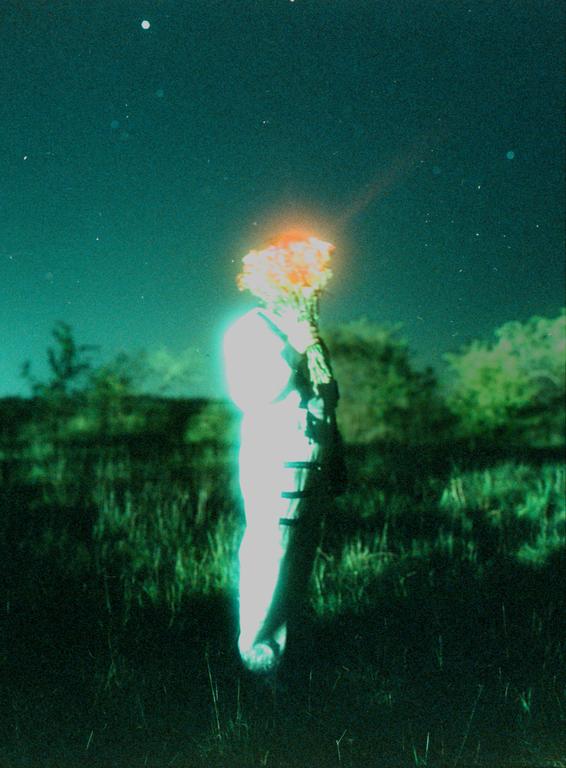 A person with a bouquet of flowers for a head stands in a field at night.