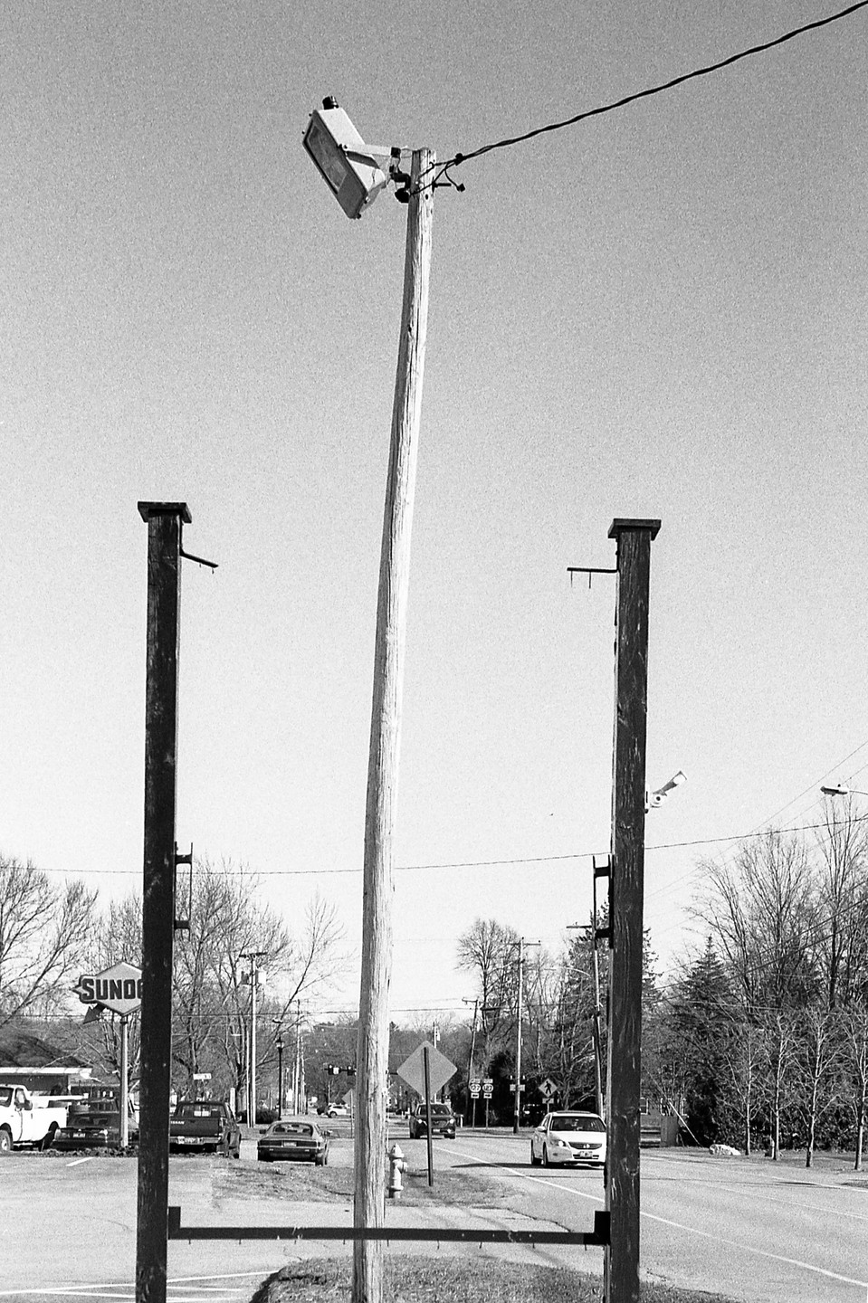 A street light on a tall pole stands in the center of the frame, with two shorter poles on either side, and a street with cars and buildings in the background.
