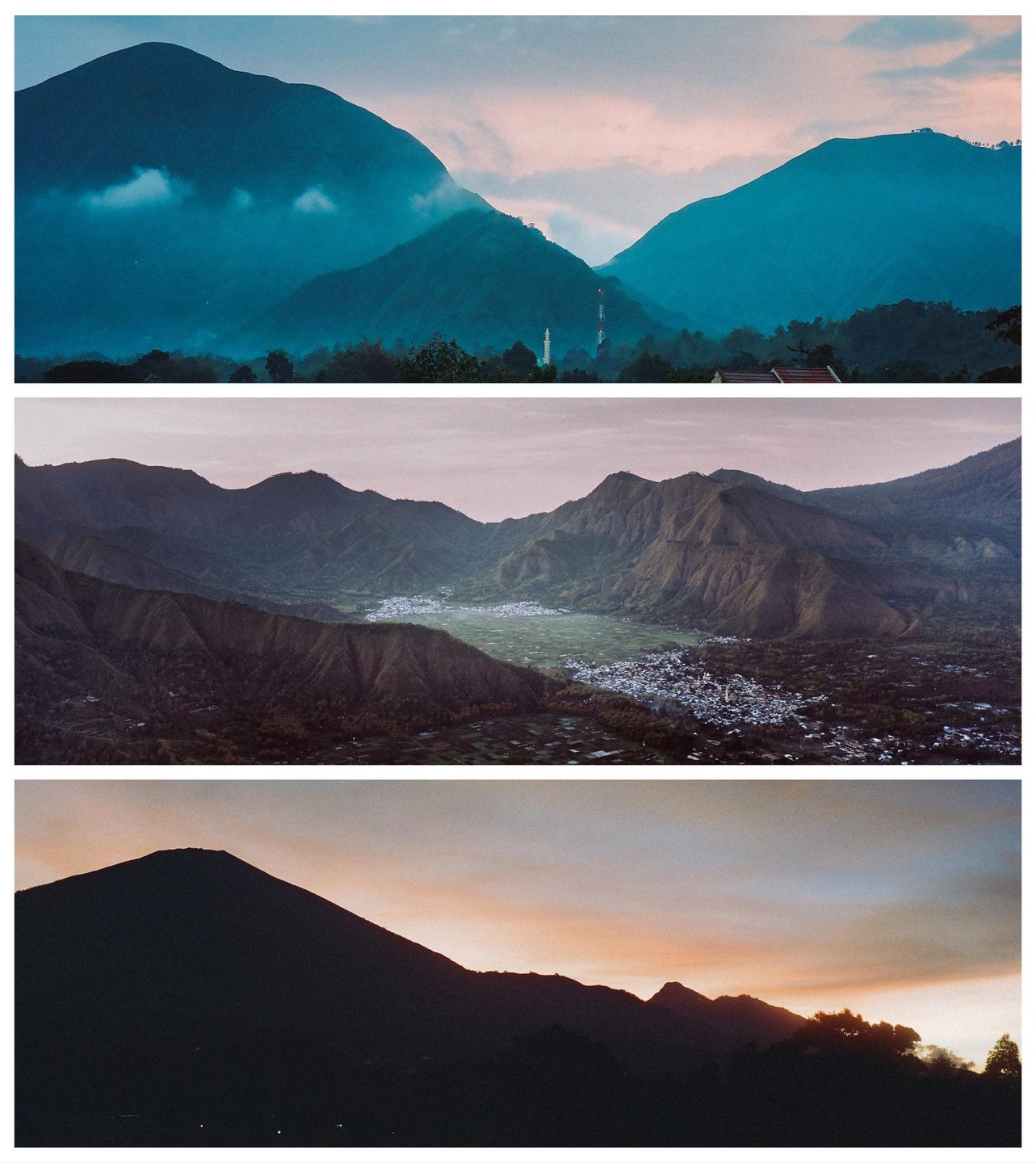 Three landscape photographs show mountains and a valley with a town at different times of day.