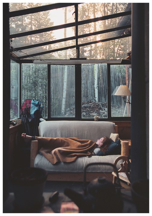 A woman sleeps on a sofa covered with a blanket in a sunroom with large windows looking out onto a forest.
