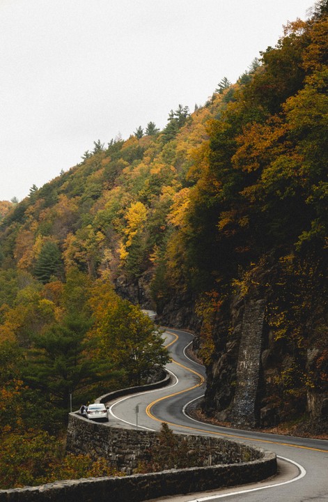 A winding road with a stone wall on the side curves through a forest of autumn trees.