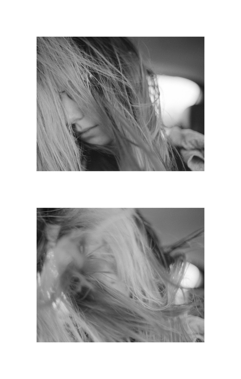 A woman's face is partially obscured by her long, flowing hair in two black and white portraits.