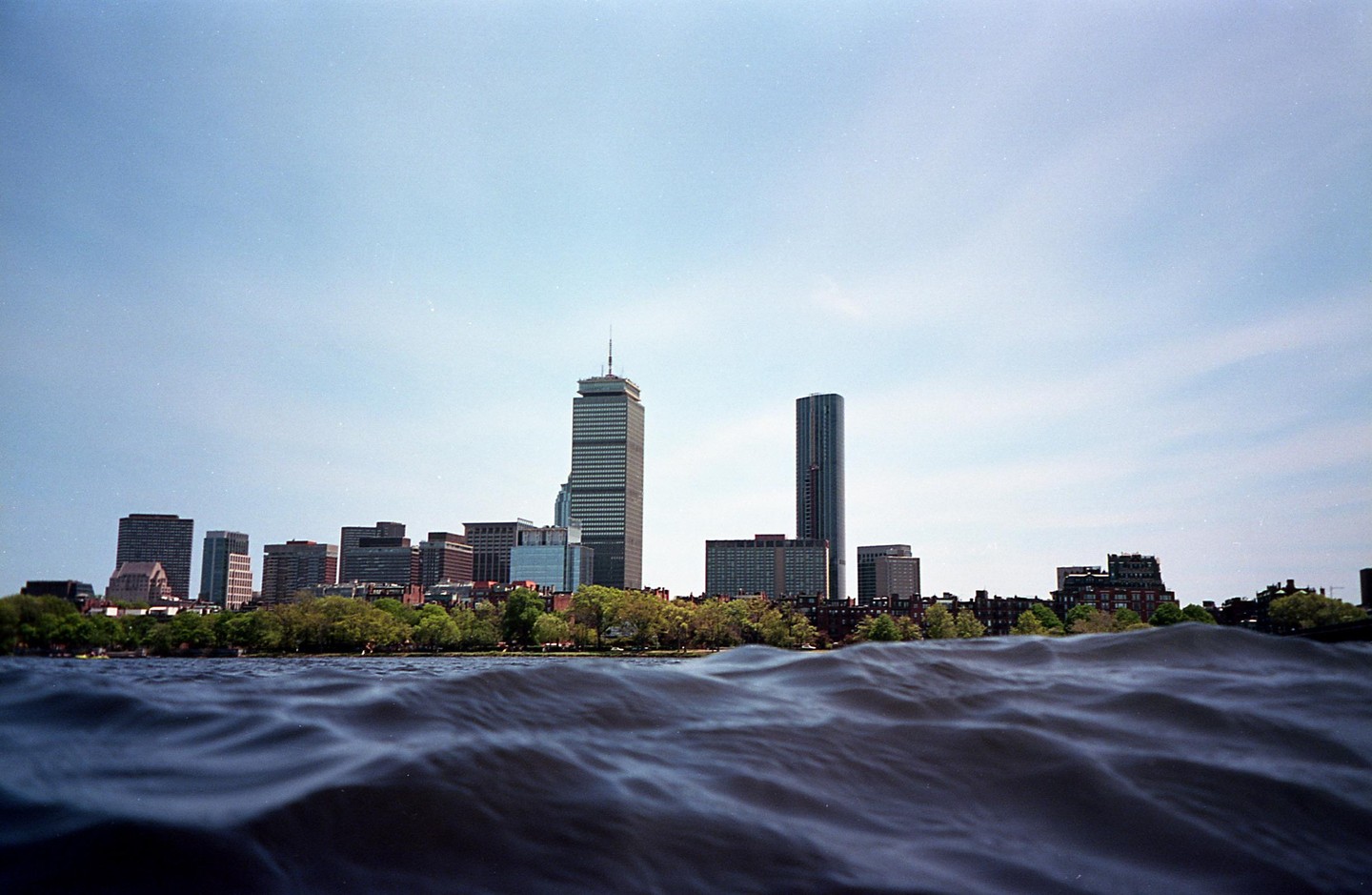 A city skyline with tall buildings and trees is visible across a body of water with ripples.