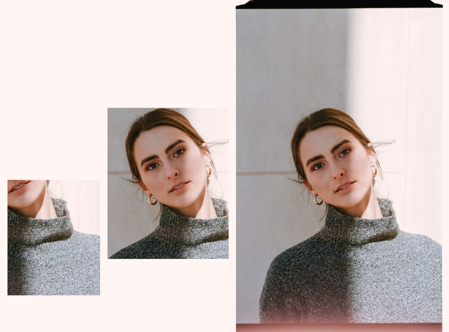 A woman with brown hair and a gray turtleneck sweater looks at the viewer.