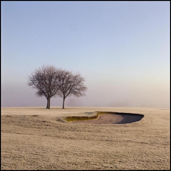 Two bare trees stand in a frosty field next to a sand trap.