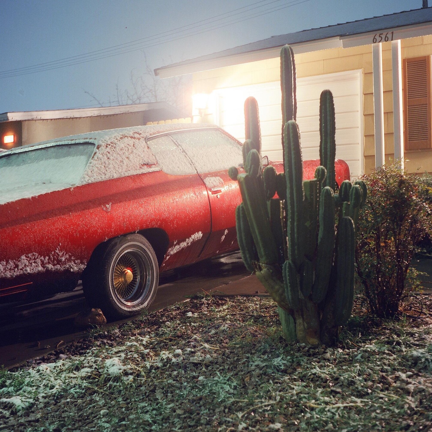 A red car covered in snow is parked in a driveway next to a large cactus and a house with a garage.