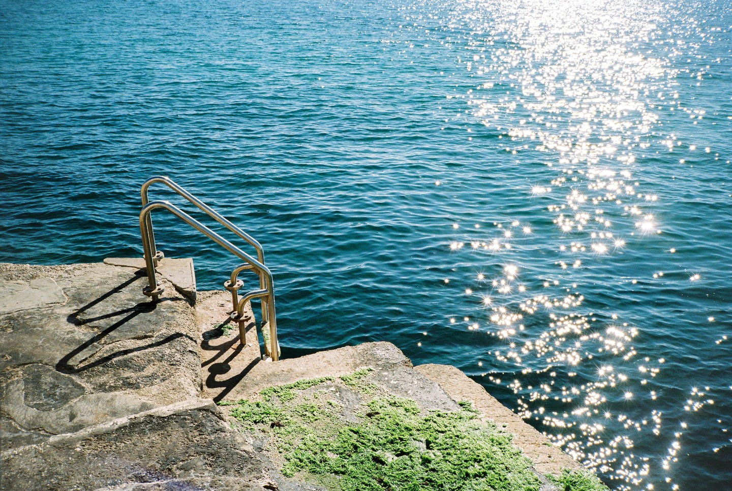 A metal handrail leads into sparkling blue water from a concrete edge covered in green moss.