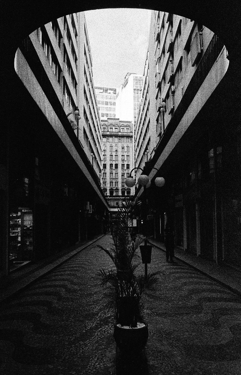 A narrow street is framed by tall buildings on either side, with a potted plant in the foreground and a person walking in the distance.