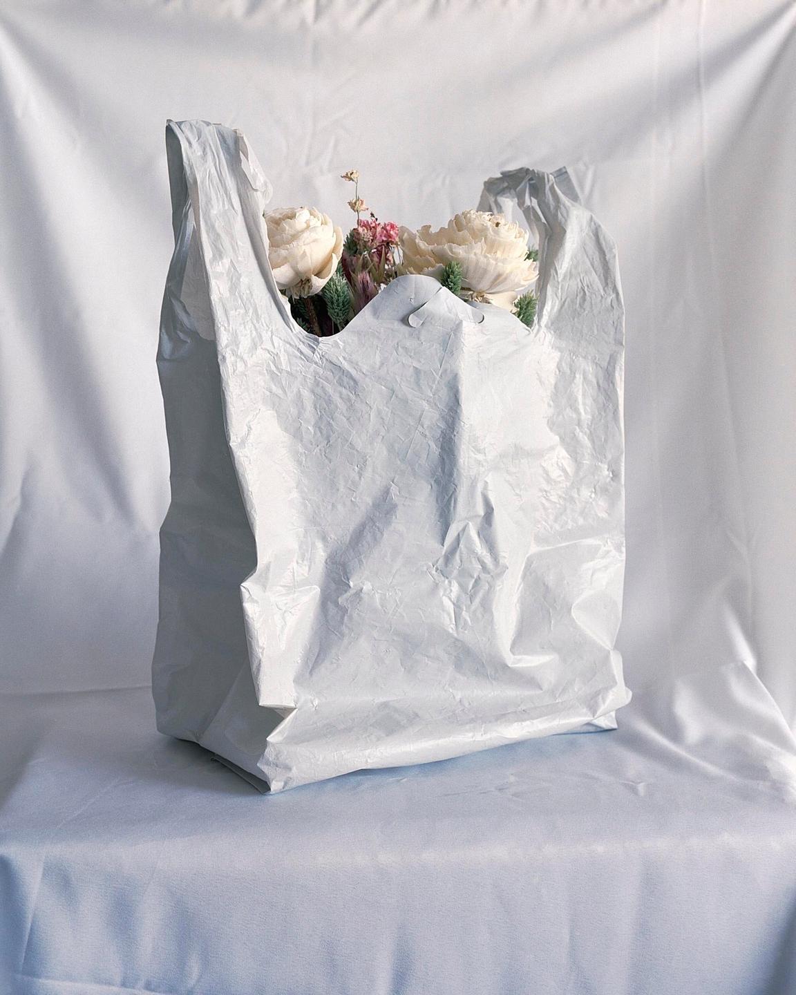 A white plastic bag filled with flowers is sitting on a white surface.