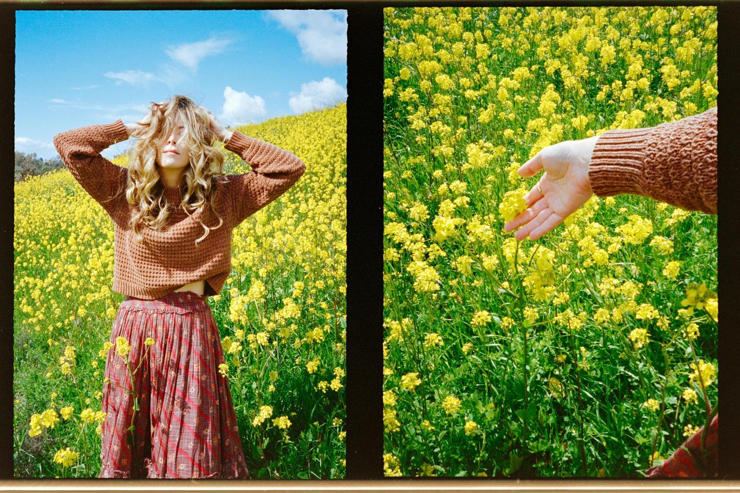 A woman stands in a field of yellow flowers with her hands in her hair, and a hand reaches out to touch the flowers in a diptych.