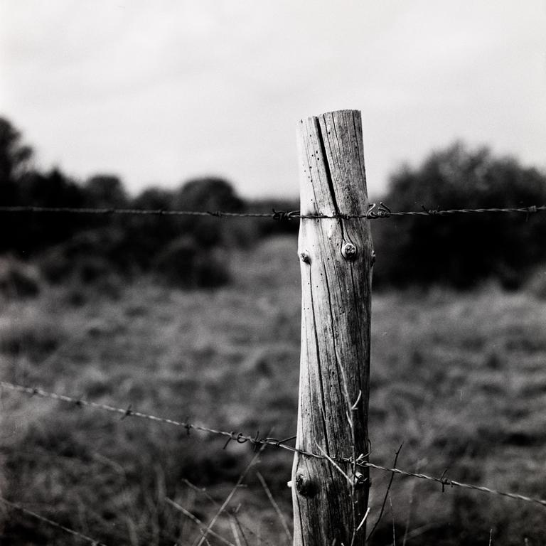 A wooden fence post with barbed wire is in the foreground of a field.