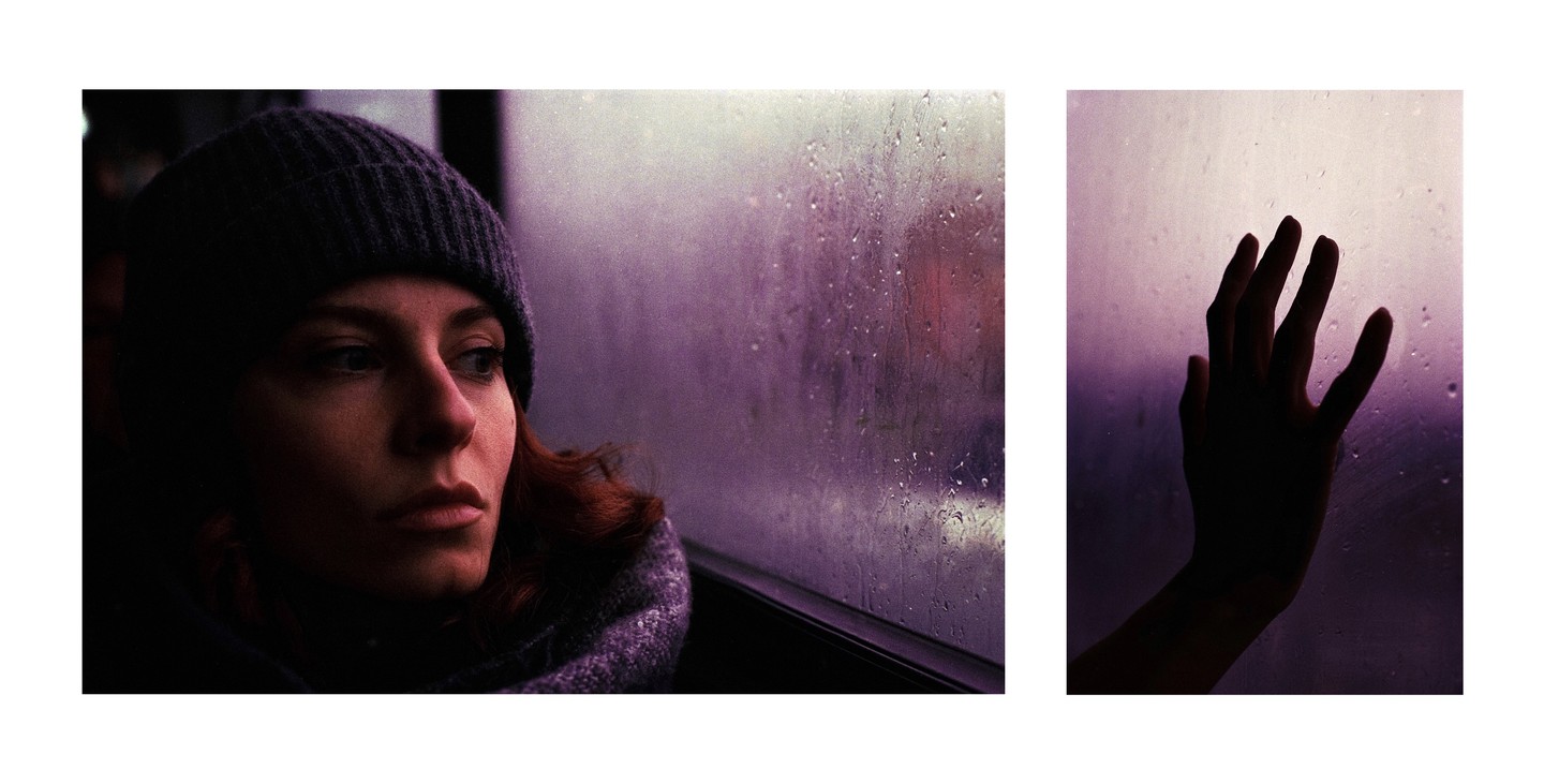 A woman in a beanie looks out a rainy window next to a separate image of a hand pressed against a wet surface.