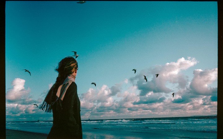 A woman stands on a beach looking out at the ocean with birds flying overhead.