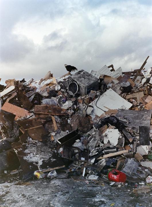 An eagle stands atop a large pile of garbage under a cloudy sky.