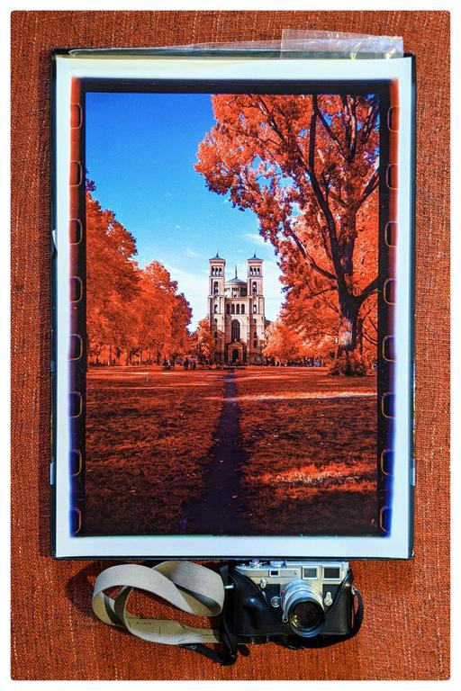 A print of a building with two towers and red trees is displayed with a camera.