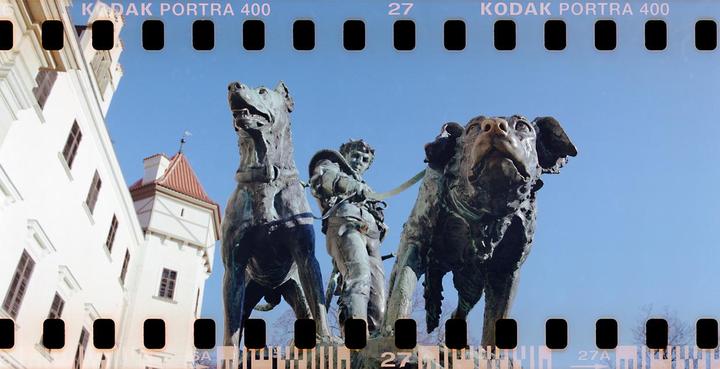 A statue of a man with two dogs stands in front of a white castle building with a red roof.
