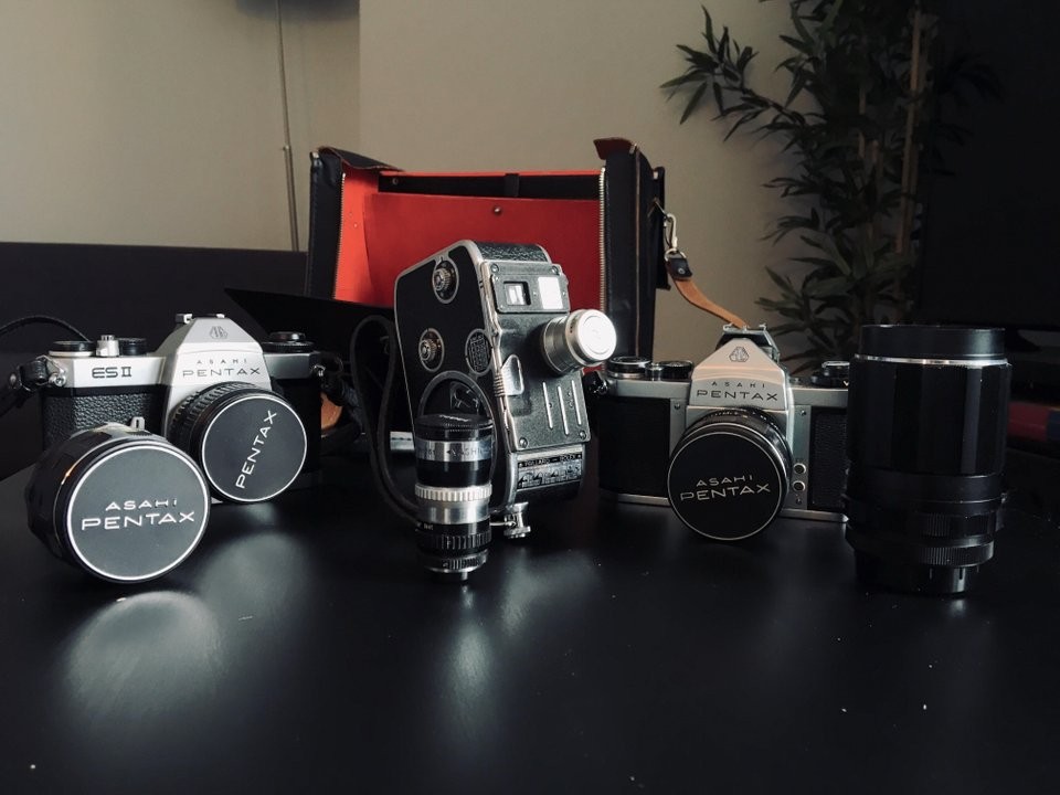 A collection of vintage cameras and lenses are displayed on a dark surface, with a plant in the background.