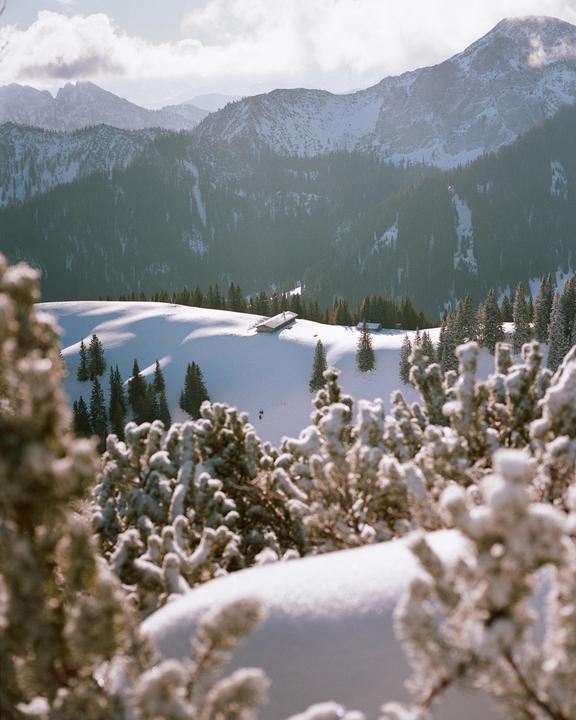 A snow-covered mountain landscape features a small building nestled among pine trees, with larger mountains in the background.