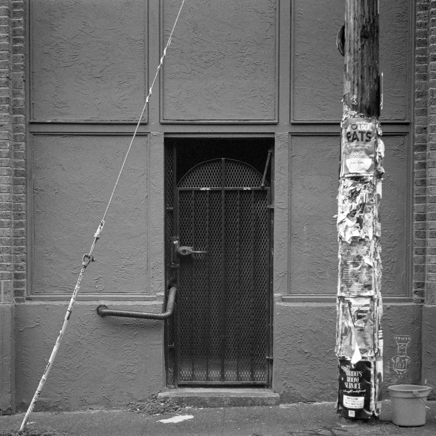 A metal gate covers a recessed doorway next to a utility pole covered in torn flyers.