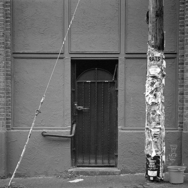 A metal gate covers a recessed doorway next to a utility pole covered in torn flyers.