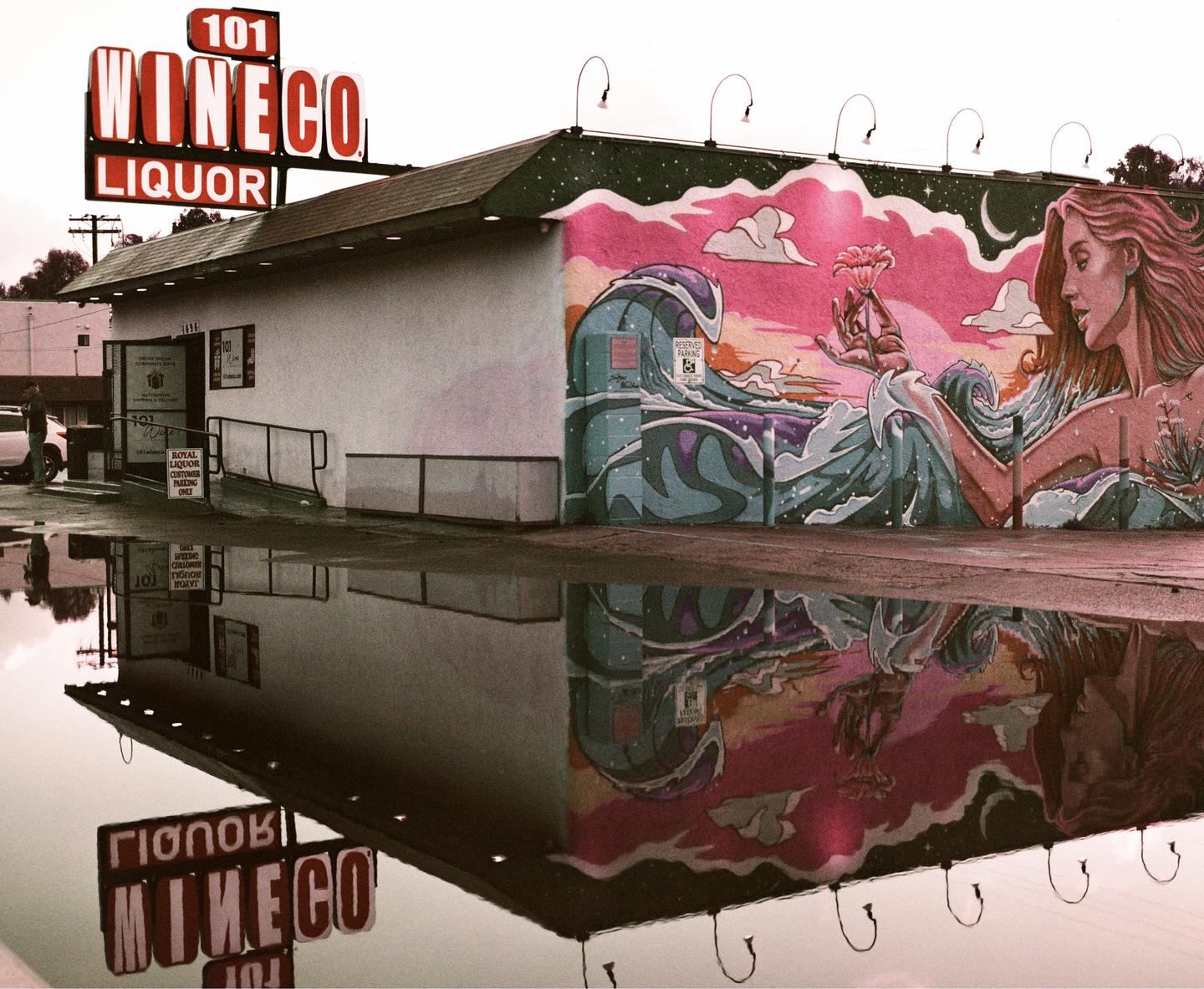 A building with a "101 Wineco Liquor" sign and a colorful mural is reflected in a puddle on the ground.
