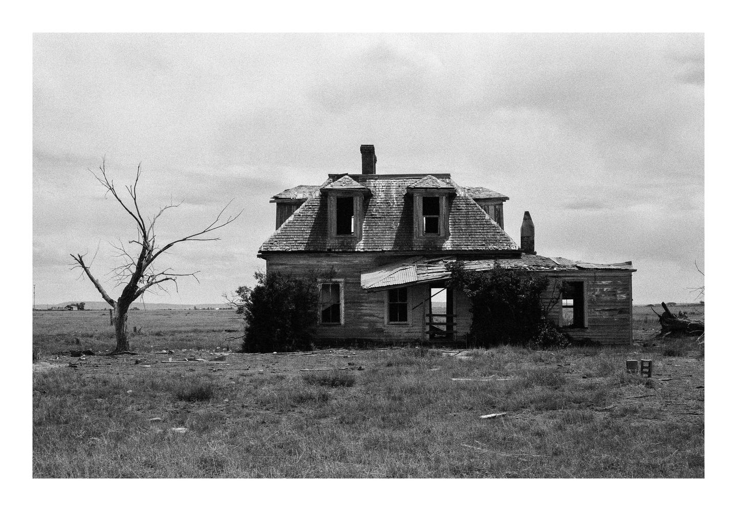 An abandoned house with a bare tree stands in a field under a cloudy sky.