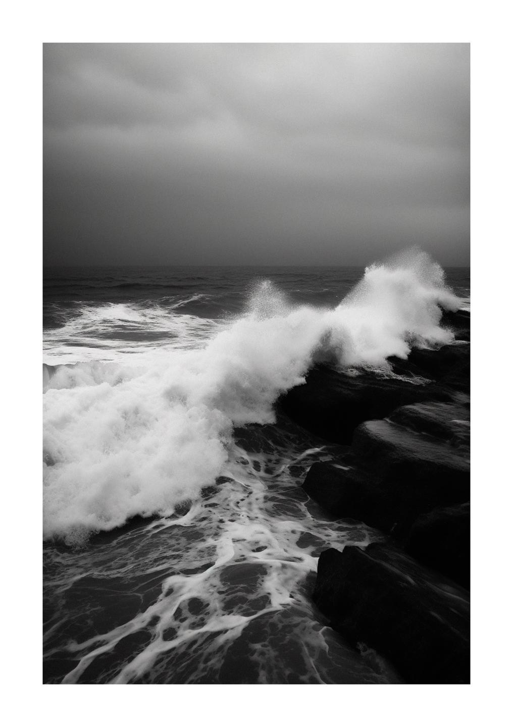 Waves crash against a rocky shore under a dark, cloudy sky.