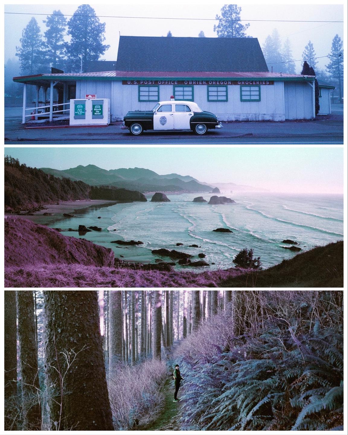 Three images show a post office with a vintage police car, a coastline with waves, and a person standing on a path in a forest.