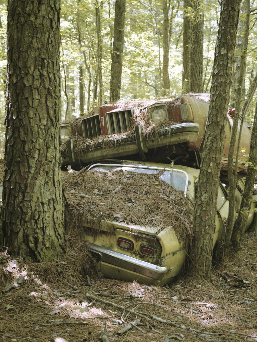 Two abandoned cars are stacked on top of each other in a forest.