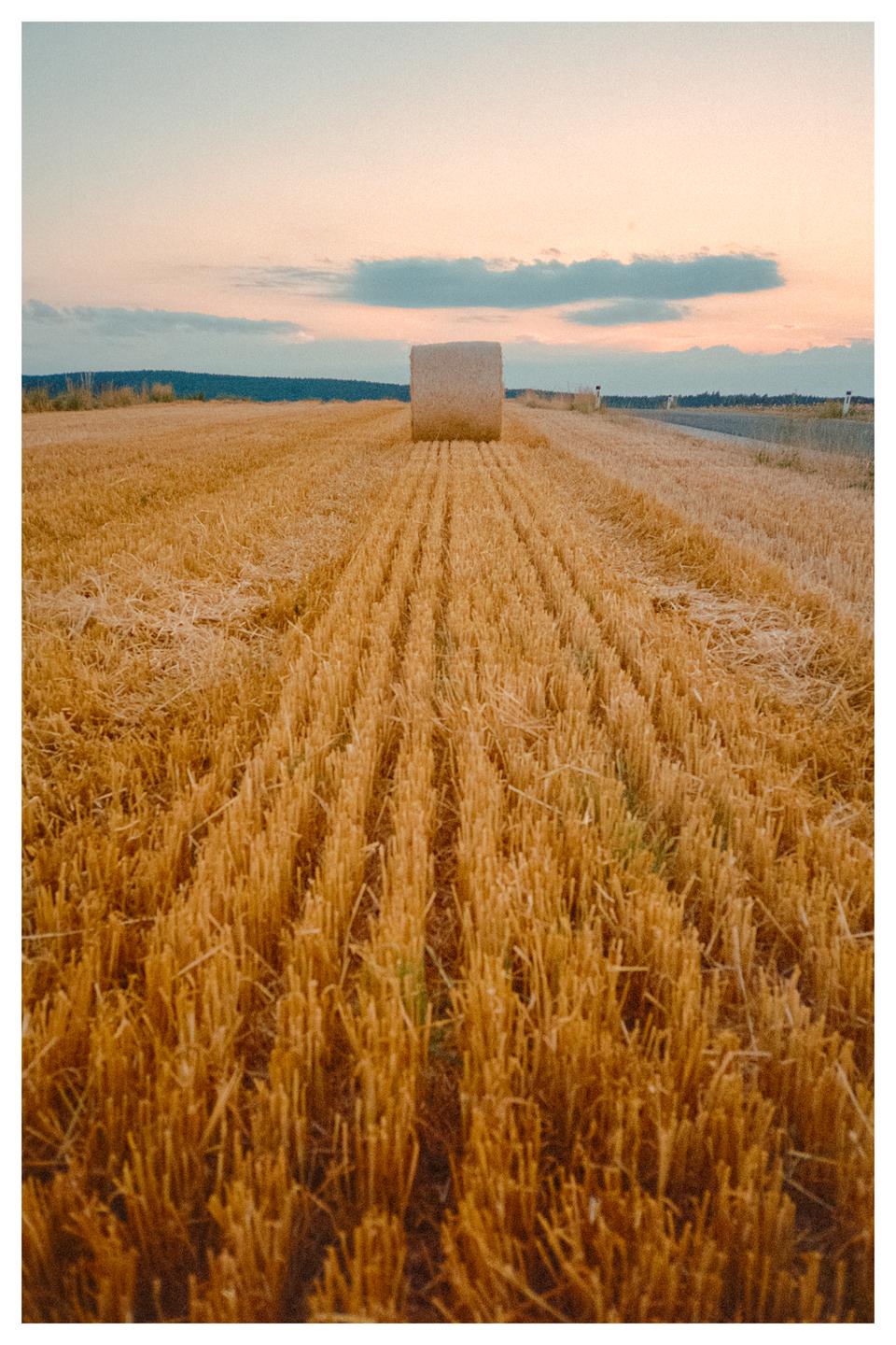 A single hay bale sits in a field of cut wheat stalks under a pastel sky.