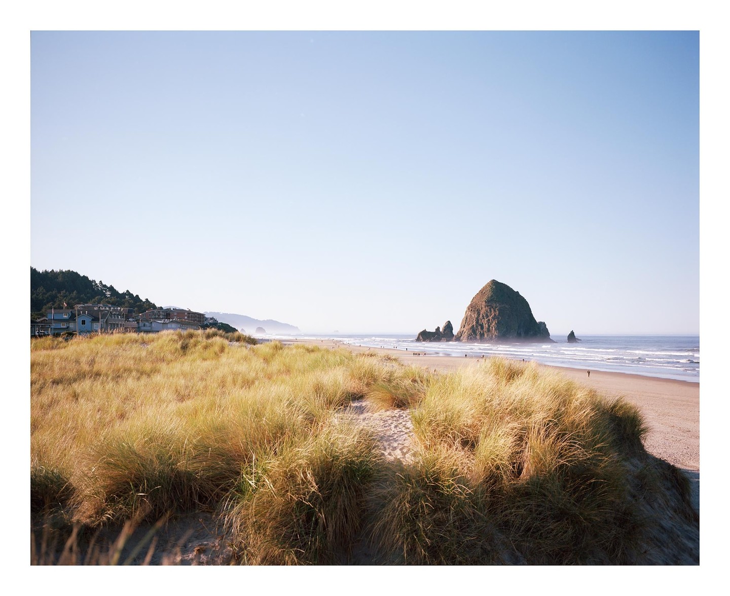 A wide shot of Cannon Beach shows Haystack Rock in the distance, with beach grass in the foreground and a town nestled against a forest on the left.