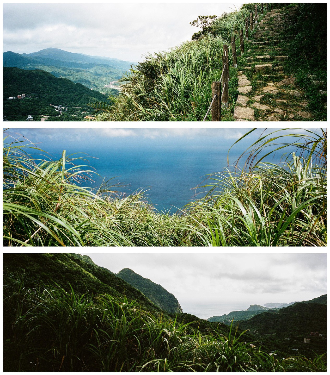 A triptych shows a mountain landscape with a stone path, tall grass overlooking the ocean, and a valley leading to the sea.