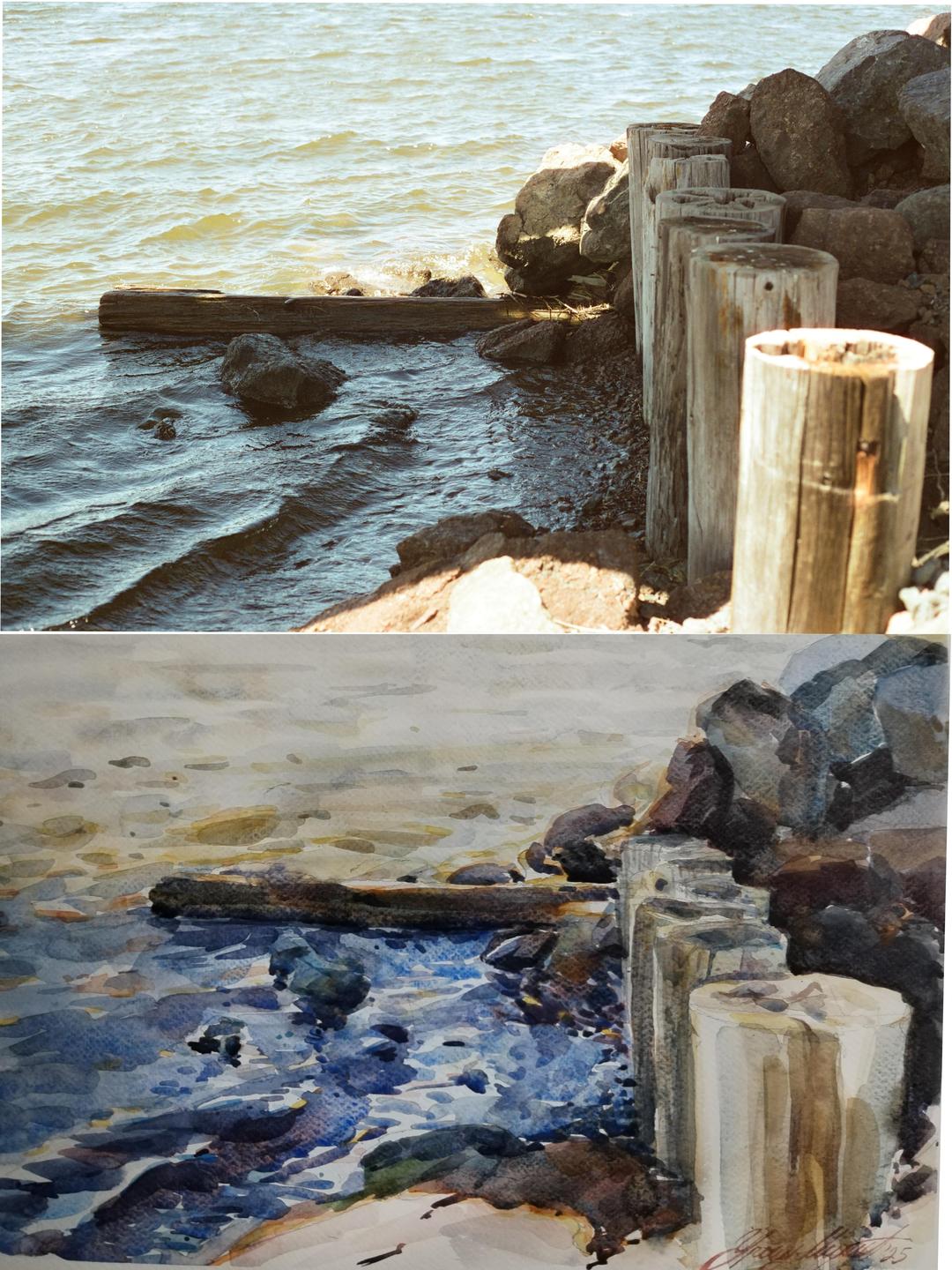 A photograph of a rocky shoreline with wooden posts and a watercolor painting of the same scene are presented side by side.