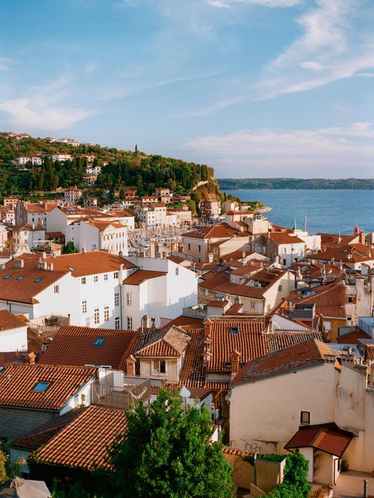 A coastal town with red-tiled roofs is nestled on a hillside overlooking a body of water.