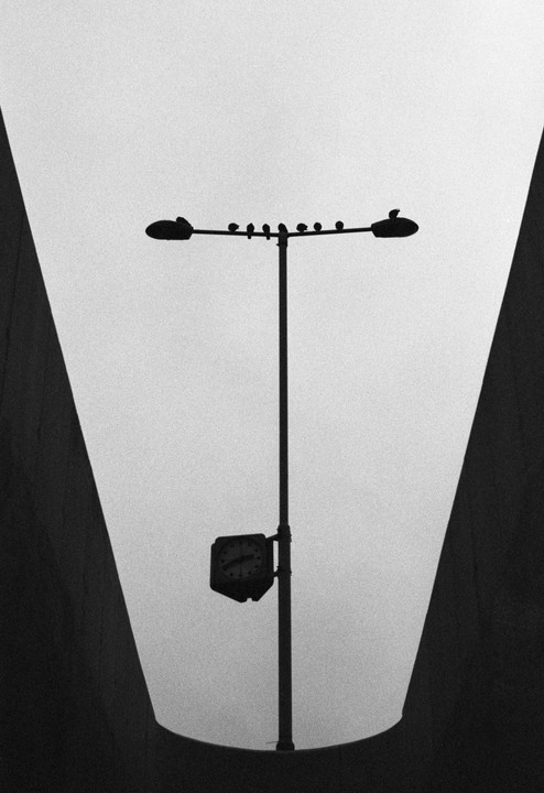A street light with a clock and several birds perched on top is silhouetted against a bright sky.