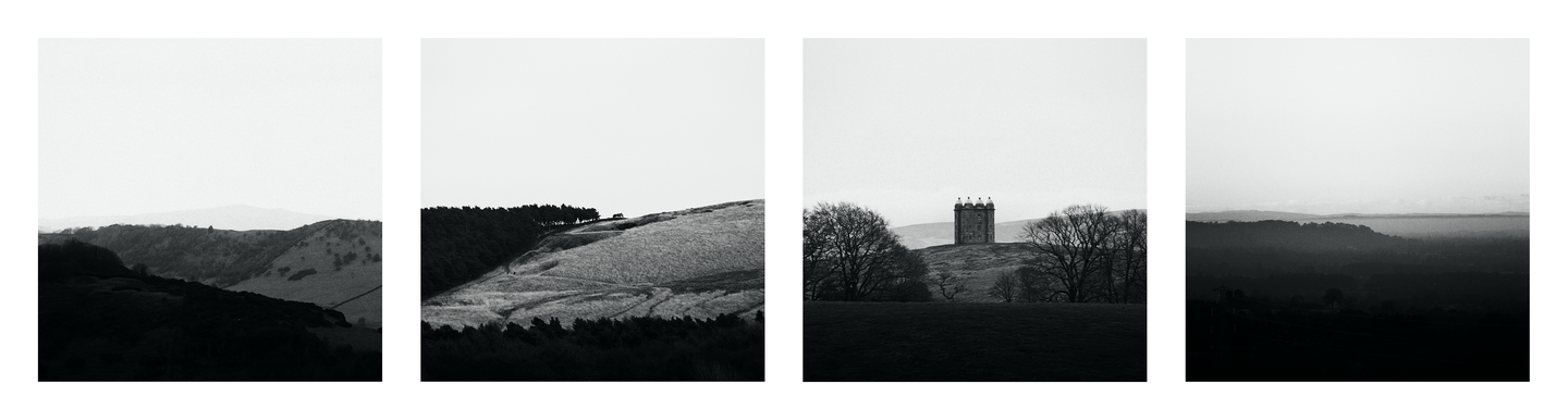 Four black and white landscape images show hills and a tower under a bright sky.