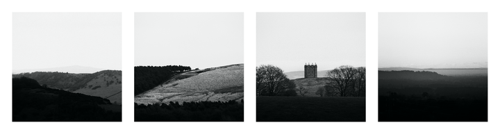 Four black and white landscape images show hills and a tower under a bright sky.