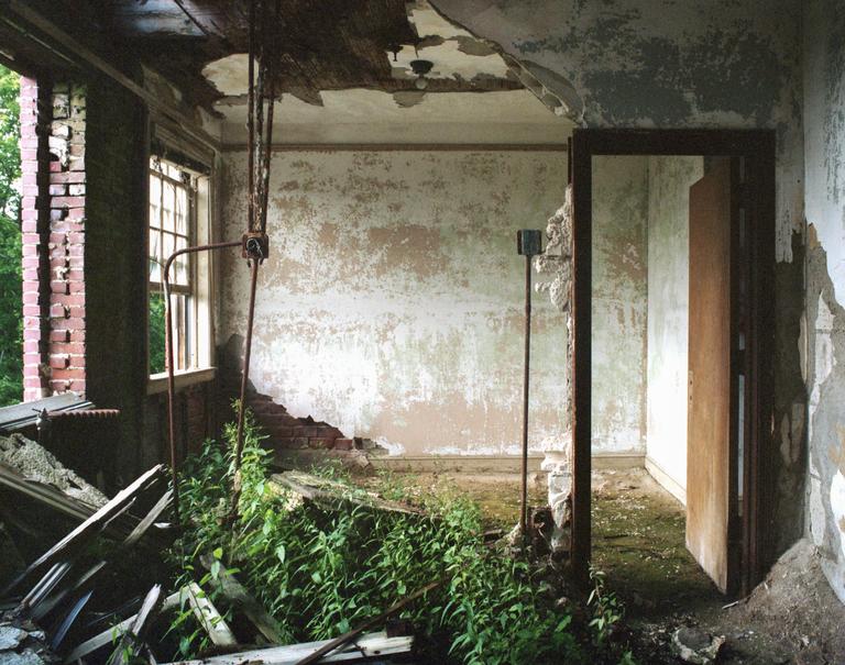 A dilapidated room with peeling paint, exposed brick, and overgrown plants is visible through a doorway.