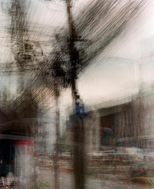 A blurred street scene shows a utility pole and tree branches against a light sky, with indistinct vehicles and buildings in the background.