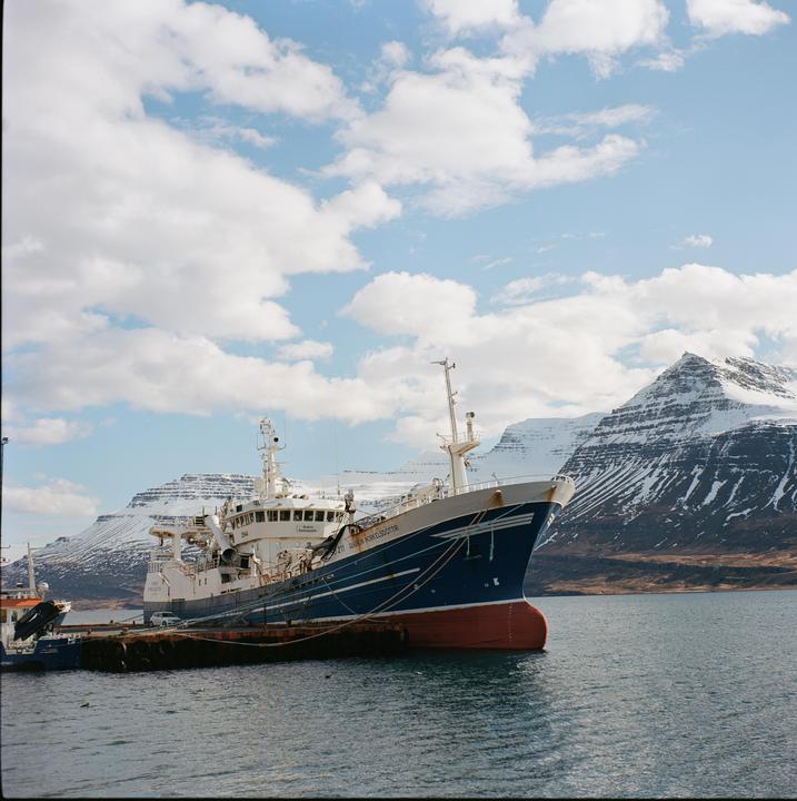 A large blue and white boat is docked in a harbor with snow-capped mountains in the background under a cloudy sky.