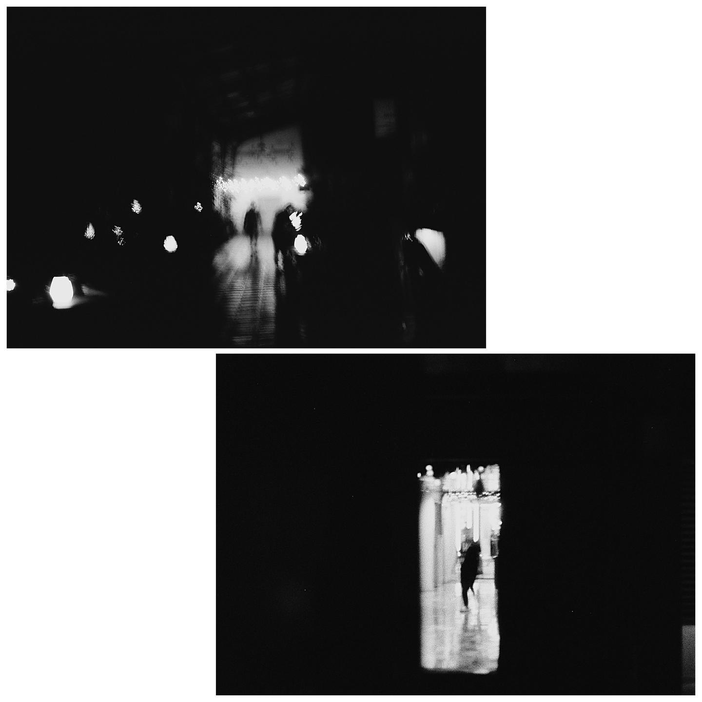 Two black and white photographs show people walking in a dark, blurry street at night.