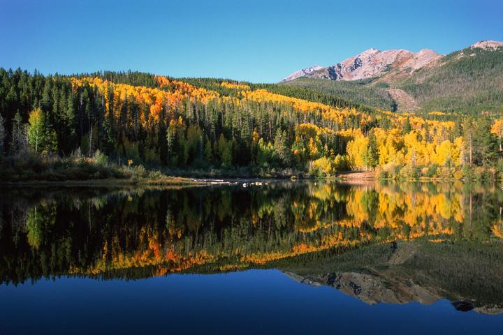 A lake reflects a mountain and a forest with autumn foliage under a clear sky.