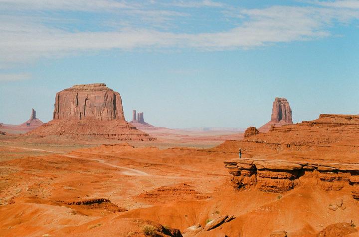 A person stands on a rock formation overlooking a vast desert landscape with large mesas under a clear sky.