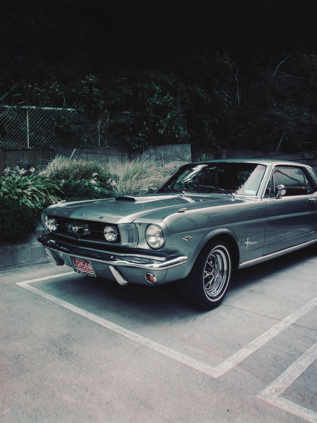 A classic car is parked in a parking space next to a fence and bushes.