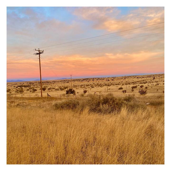 A telephone pole stands in a field of dry grass under a colorful sunset sky.