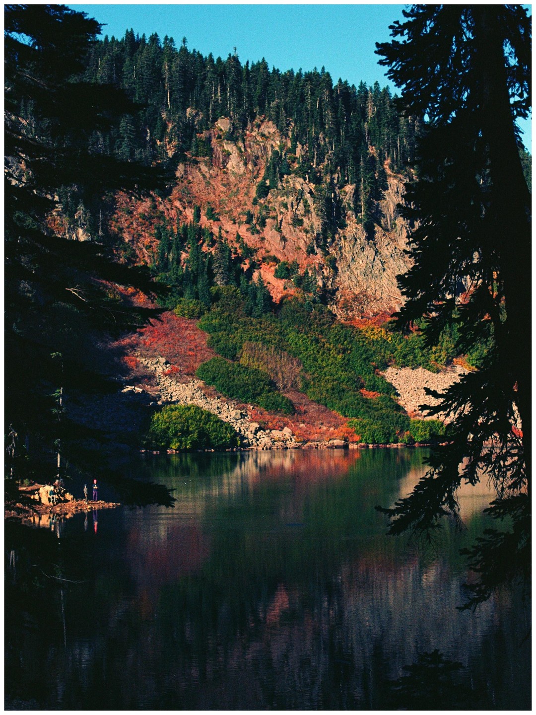A lake reflects a forested mountain with autumn foliage under a clear sky.
