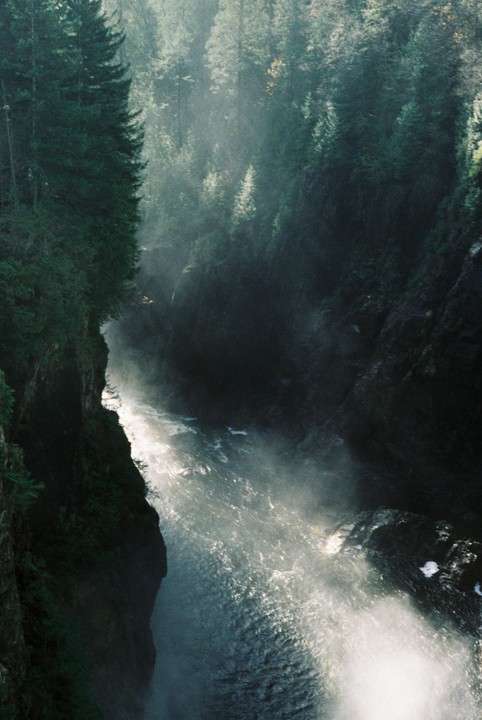 A river flows through a deep gorge with steep, forested banks, and mist rises from the water.